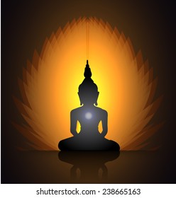 Black Buddha silhouette against Dark orange background 