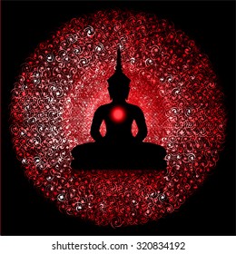 Black Buddha silhouette against Dark red background 
