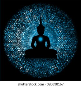 Black Buddha silhouette against Dark blue background 