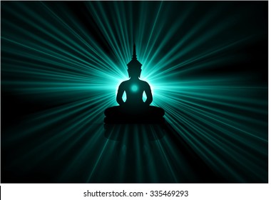 Black Buddha silhouette against Dark ray blue background