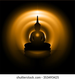 Black Buddha silhouette against Dark ray orange background