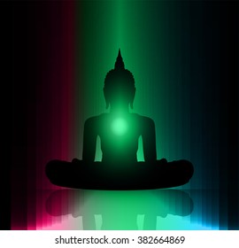 Black Buddha silhouette against Dark pink green blue background 