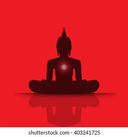 Black Buddha silhouette against Dark red background, vector