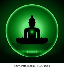 Black Buddha silhouette against Dark green background. yoga