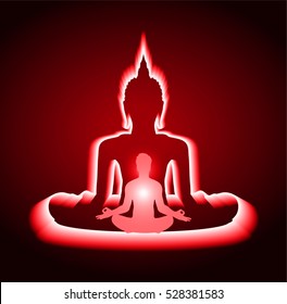 Black Buddha silhouette against Dark red background. yoga