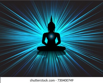 Black Buddha silhouette against Dark blue background. yoga
