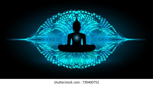 Black Buddha silhouette against Dark blue background. yoga