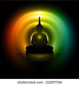 Black Buddha silhouette against Darkred yellow blue background