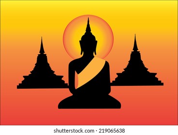 Black Buddha statue and pagoda yellow background