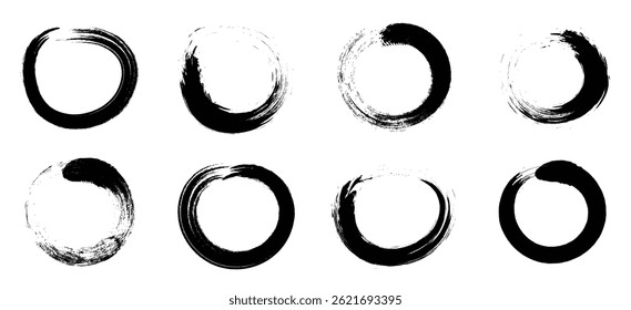 Black Buddhist Zen Black Enso circle. Vector Circle Brush Stroke. Japanese round brush strokes. Asian enso circles