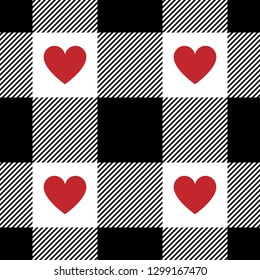 Black buffalo check plaid gingham pattern for romantic shirt fabric design. Seamless tile. Striped texture with red hearts. Valentine's Day textile design.