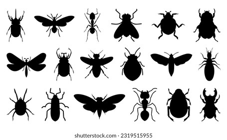 Black bug icon collection. Set of black beetle silhouette. Vector insect logo