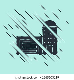 Black Building or fire station icon isolated on green background. Fire department building. Glitch style. Vector Illustration