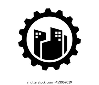 black building gear skyscraper skyline cityscape image vector icon
