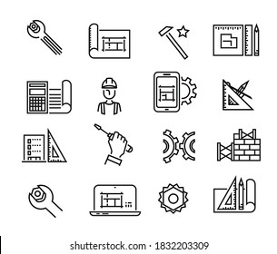 Black building icons in simple style. Building tools. Industry and building, construction icons design. Symbol for app design