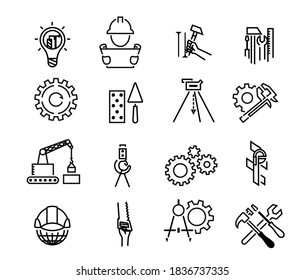 Black building icons in simple style. Building tools. Industry and building, construction icons design. Symbol for app design