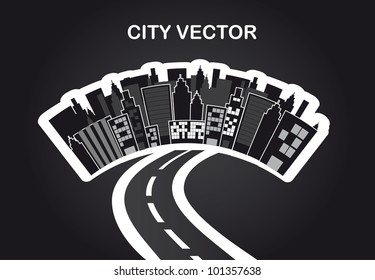 black buildings with road over black background. vector illustration