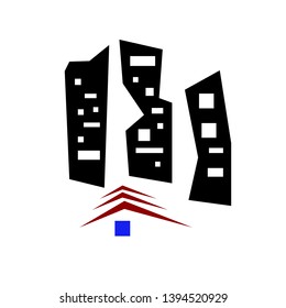 black buildings with windows of various shapes logo for design small pointed roofs architecture concept