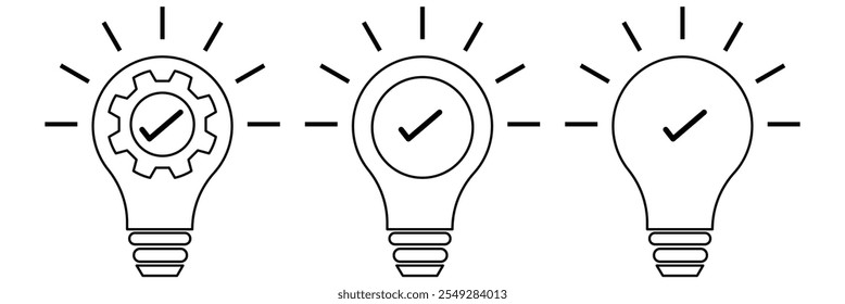 Black bulb checkmark icon. Like quick tip line icon. Bulb icon for expert, genius, idea, innovation, light bulb, mark, creative, positive, simplicity, smart, solution , vector illustration eps 10.