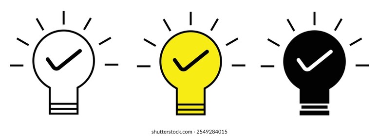 Black bulb checkmark icon. Like quick tip line icon. Bulb icon for expert, genius, idea, innovation, light bulb, mark, creative, positive, simplicity, smart, solution , vector illustration eps 10.