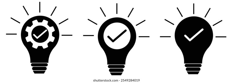 Black bulb checkmark icon. Like quick tip line icon. Bulb icon for expert, genius, idea, innovation, light bulb, mark, creative, positive, simplicity, smart, solution , vector illustration eps 10.