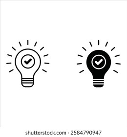 Black bulb checkmark icon. Like quick tip line icon. Bulb icon for expert, genius, idea, innovation, light bulb, mark, creative, positive, simplicity, smart, solution.
