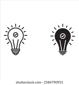 Black bulb checkmark icon. Like quick tip line icon. Bulb icon for expert, genius, idea, innovation, light bulb, mark, creative, positive, simplicity, smart, solution.
