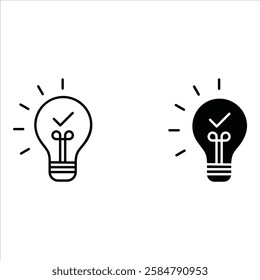 Black bulb checkmark icon. Like quick tip line icon. Bulb icon for expert, genius, idea, innovation, light bulb, mark, creative, positive, simplicity, smart, solution.
