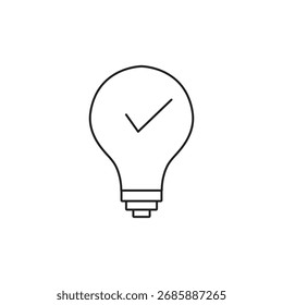 Black Bulb with Checkmark Icon – Quick Tip, Efficiency, Modern Flat Linear Design Vector..eps