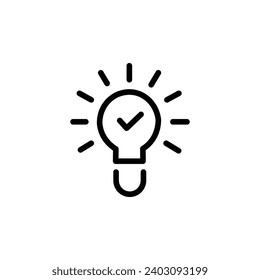 black bulb with checkmark like quick tip icon. flat stroke linear simple trend modern efficiency logotype design element isolated on white. concept of visionary info pictogram or conclusion symbol