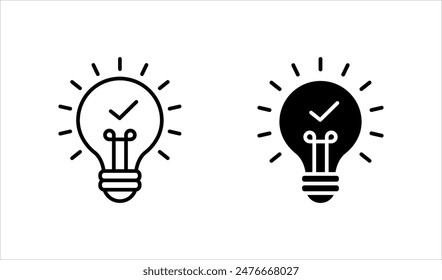 black bulb with checkmark like quick tip icon set. flat stroke linear simple trend modern efficiency logotype design element isolated on white background.