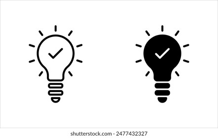 black bulb with checkmark like quick tip icon set. flat stroke linear simple trend modern efficiency logotype design element isolated on white background.