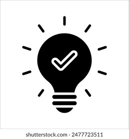 bombilla negra con marca de verificación como icono de punta rápida. trazo plano lineal tendencia simple elemento de diseño de logotipo moderno de eficiencia aislado sobre fondo blanco.