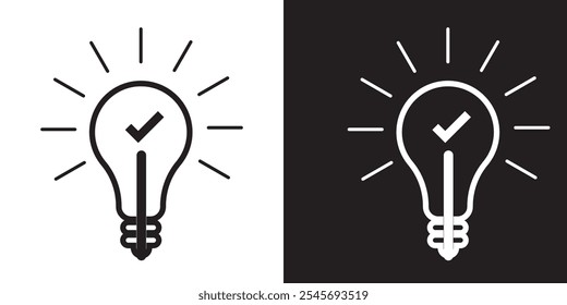 black bulb with checkmark like quick tip icon. flat stroke linear simple trend modern efficiency logotype design element isolated on white background.