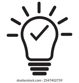 black bulb with checkmark like quick tip icon. flat stroke linear simple trend modern efficiency logotype design element isolated on white background.