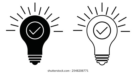 Bombilla negra con marca de verificación como iconos de punta rápida. diseño de logotipo de eficiencia moderna de tendencia simple lineal de carrera plana. Icono de bombilla para experto, genio, idea, positivo, simplicidad. Ilustración vectorial eps 