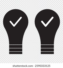  black bulb with checkmark like quick tip icon set. flat stroke linear simple trend modern efficiency logotype design element. light bulb with tick outline ui web icon. light bulb with chekmark vector