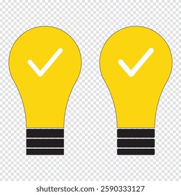  black bulb with checkmark like quick tip icon set. flat stroke linear simple trend modern efficiency logotype design element. light bulb with tick outline ui web icon. light bulb with chekmark vector