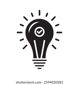 black bulb with checkmark like quick tip icon. flat stroke linear simple trend modern efficiency logotype design element isolated on white. concept of visionary info pictogram or conclusion symbol