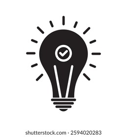 black bulb with checkmark like quick tip icon. flat stroke linear simple trend modern efficiency logotype design element isolated on white. concept of visionary info pictogram or conclusion symbol