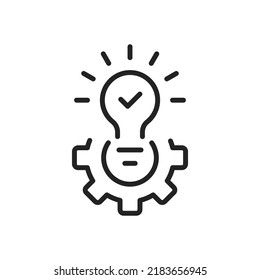 Black Bulb And Gear Like Effective Solution Icon. Concept Of Abstract Tech Done Efficacy Symbol. Flat Linear Trend Modern Simple Stroke Cogwheel Logotype Design Web Element Isolated On White