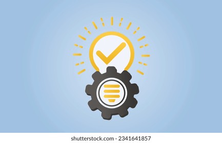Black bulb and gear like effective solution icon. concept of abstract tech done efficacy symbol.on blue background.Vector Design Illustration.