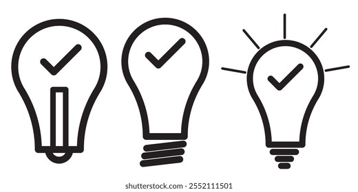 Black bulb with tick mark icon vector set. bulb with checkmark icon .