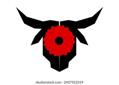 Black BULL, BISON, COW AND red POPPY FLOWER. Animalistic ethnic traditional symbol. Logo, icon, art print, vector illustration. 