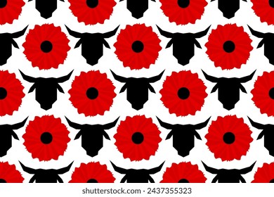  Black BULL, BISON, COW AND red POPPY FLOWER. Animalistic ethnic traditional symbol. Logo, icon, art print, vector illustration. Seamless vector pattern.