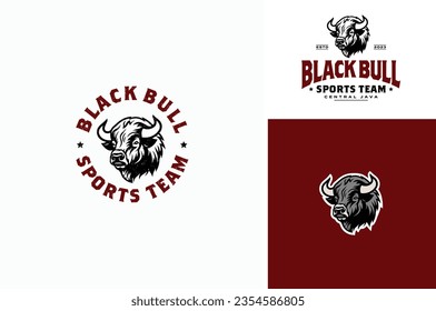 Black Bull Face Emblem, Buffalo Bison Head Horns Silhouette for Sports Game Team or BBQ Beef Steak Meat Logo Design