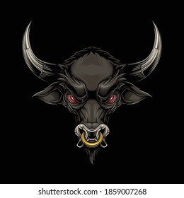 Black bull head mascot. Vector illustration in stylish engraving technique of bull head with ring in nose. Isolated on black background.