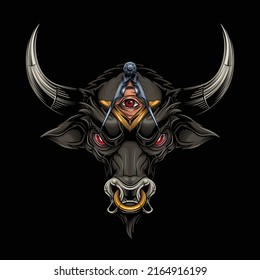 Black bull head with masonic square and compass symbol. Vector illustration in stylish engraving technique of bull with ring with All seeing eye in sacred geometry triangle.