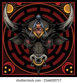 Black bull head with masonic square and compass symbol. Vector illustration in stylish engraving technique of bull with ring with All seeing eye in sacred geometry triangle.