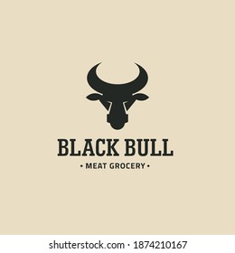 Black Bull Logo Meat Grocery. Meat Restaurant or Butchery Emblems. The Stylized Head of a Bull, Cow Silhouette and Letters for groceries, Meat Stores, Meat Business, Shop, Packaging and Advertising.